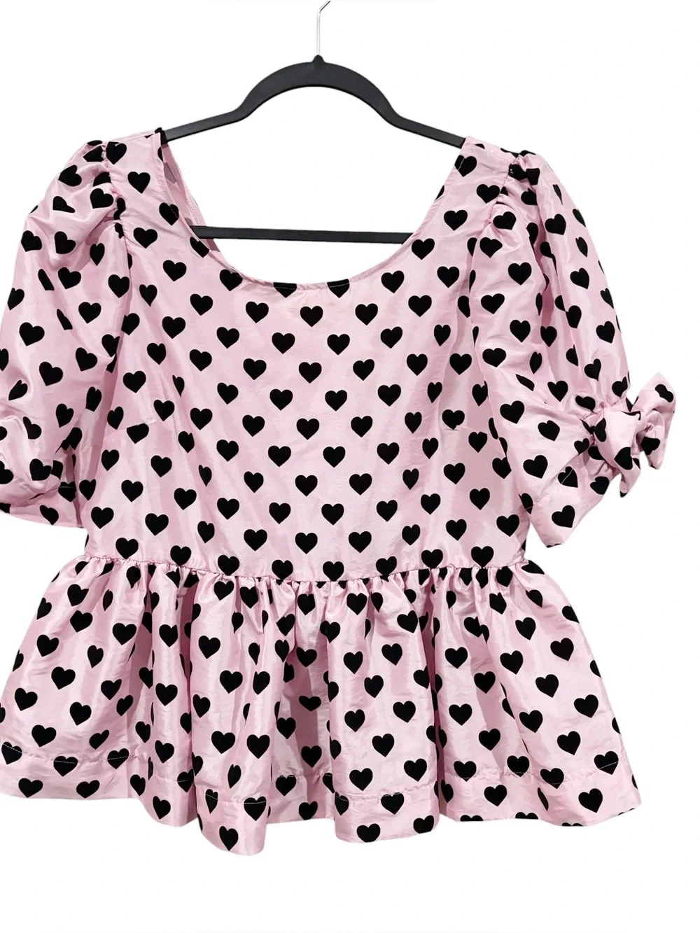 LoveShackFancy Keily Top Pink Black Heart Print Peplum Puff Sleeve Blouse Sz 6